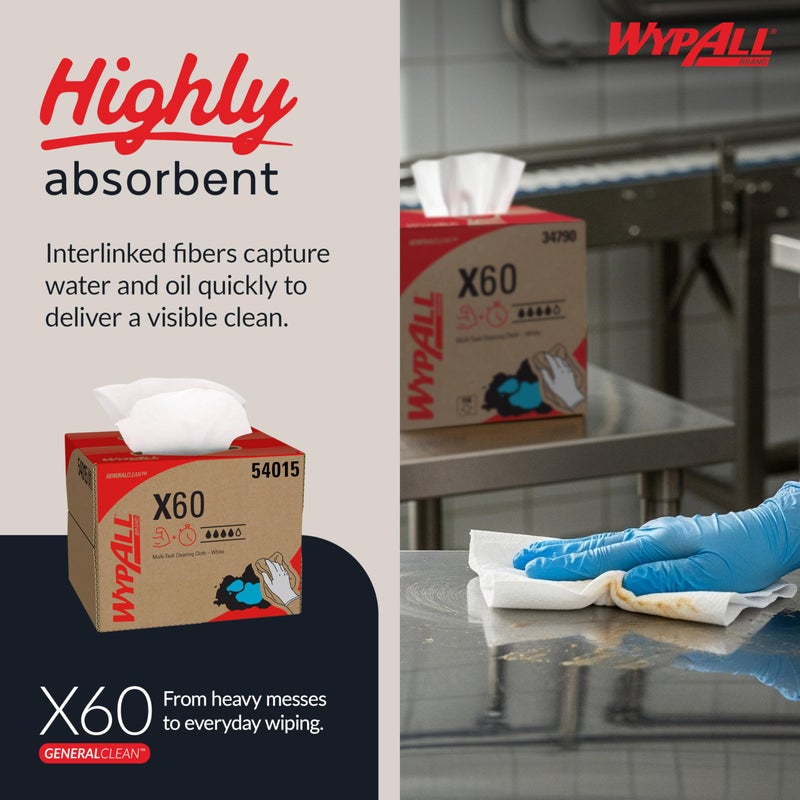WypAll GeneralClean X60 Cloths Multi-Task Cleaning Wipes (54015), Brag Box, Strong and Absorbent Towels, White (1 Pack of 236 Sheets, 236 Sheet Total) - Image 4